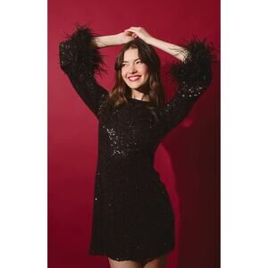 NEW Hutch Long Sleeve Mini‎ Sequin Dress with Feather Cuffs Black Size XXS